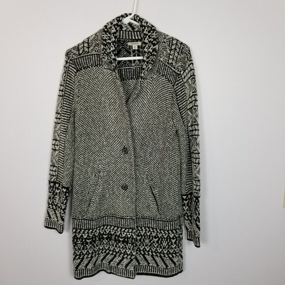 LUCKY BRAND Geometric Knit L/S Cardigan Sweater Coat Black White Medium ~ 4436 - Picture 1 of 6